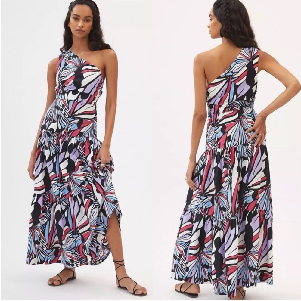 Maeve Asymmetrical Blue and White Tiered Dress